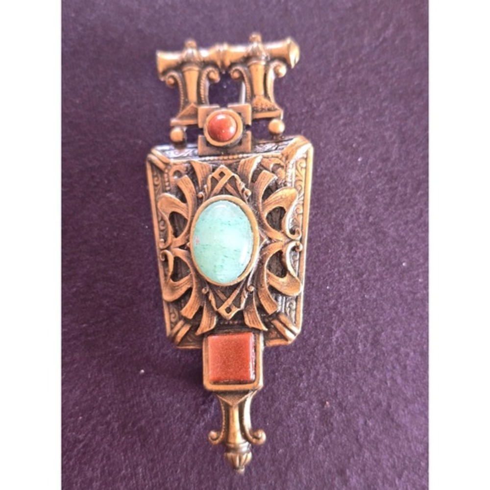 Robert‎ Rose Vintage Etruscan Revival Brooch Gold Tone Turquoise Red Jasper Pin